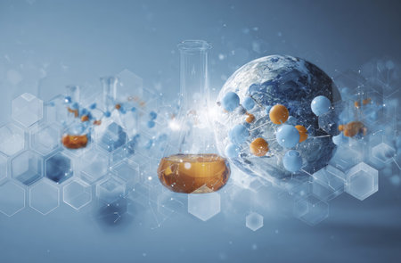 A digitally created illustration showcases a globe alongside laboratory glassware and geometric shapes. The image features a cool color palette, with blues and oranges dominating the scene. The composition suggests scientific concepts and potential applications. It is suitable for various commercial and editorial purposes.の素材