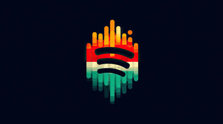 A vibrant graphic features a stylized music-related symbol with color gradients in a symmetrical composition. The design utilizes a palette of orange, red, green, and white. The artwork's style has a modern appeal with smooth lines, suggesting a digital environment. This visual is suitable for various applications, including website design and promotional materials.の素材
