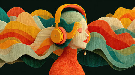 An artistic depiction features a person with headphones, their head emerging from vibrant, layered waves of color. The composition showcases a surreal style with a contrasting dark background, accentuating the warm hues. This image is suitable for illustrating concepts around music, sound, and creativity, offering versatile uses in various media projects.の素材