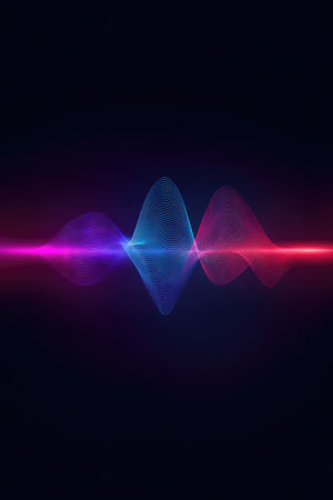 A digital illustration presents a sound wave pattern, with symmetrical forms and a dark backdrop. The graphic features a color gradient, transitioning between shades of blue, purple, and red. The composition, likely digitally rendered, could be suitable for science, technology, or artistic themes. This image may serve various commercial and editorial purposes.の素材