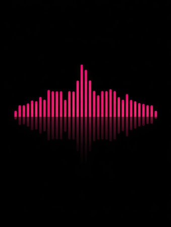 A vibrant pink sound wave graphic is displayed against a stark black backdrop. The image features vertical lines of varying heights, suggesting audio frequency or data visualization. The composition includes a mirrored reflection, and the style is modern and digital, lending itself to various commercial and design applications.の素材