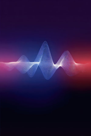 An abstract graphic depicts a sound wave in white lines against a gradient background. The image utilizes vivid red, blue, and purple colors with soft lighting. This design could be suitable for illustrating audio, digital technology, or data visualization concepts. Ideal for various commercial and editorial applications.の素材