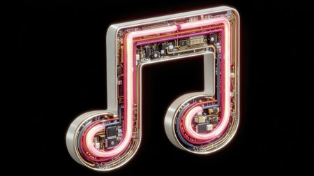 A stylized musical note glows with red and pink neon, revealing intricate internal circuitry. The design features metallic elements set against a stark black backdrop. The composition employs a modern, digital aesthetic, suggesting possibilities for use in technology, design, or promotional media applications.の素材