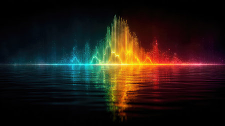 A vibrant digital sound wave form is reflected on a calm water surface. The image is dominated by bright colors, with spectrum hues. The composition evokes a sense of digital and technological representations in a dark setting. Suitable for commercial use related to music, data and design.の素材