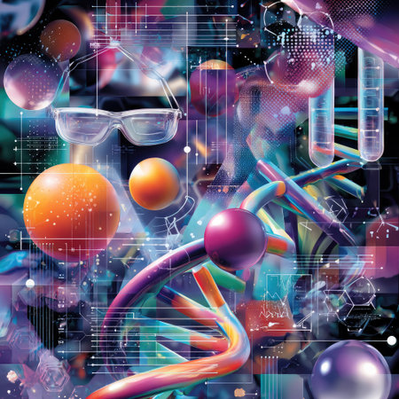 An artistic illustration features a complex arrangement of molecular structures, laboratory equipment, and geometric shapes in various colors. The composition utilizes vibrant hues and a sense of depth. This image could be suitable for illustrating concepts in science, technology, or research. It may be applicable for educational or promotional purposes.の素材