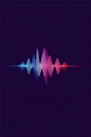 An artistic visualization presents a sound wave pattern in a vibrant spectrum of colors against a dark background. The digitally created illustration shows a dynamic waveform. This image could serve as a visual element in various technology-related designs and projects. It is suitable for both commercial and editorial applications.の素材