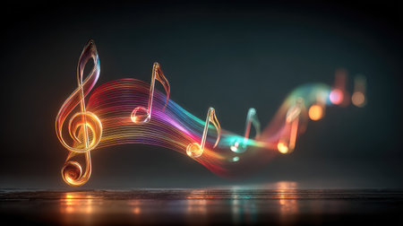 A visual representation depicts musical notes illuminated with vibrant, glowing colors. The flowing design creates a dynamic and artistic feel, with a dark background enhancing the bright hues. This image would be suitable for use in various creative and editorial projects, including advertising and design.の素材