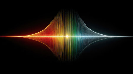 An abstract graphic presents a spectral wave emanating from a central point of light. The image features vibrant colors, including red, yellow, and blue, against a stark black backdrop. The composition showcases a symmetrical design with dynamic lines, suitable for use in various design projects and illustrations.の素材