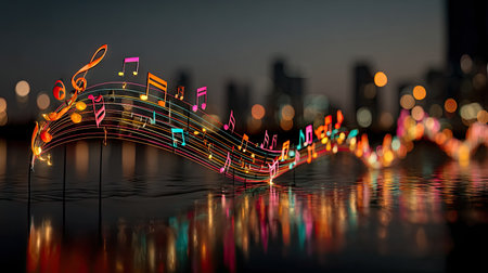Vibrant musical notes flow gracefully above reflective water, illuminated by city lights at night. The scene features colorful musical symbols with artistic reflections, creating a dynamic and visually appealing composition. This image is ideal for creative projects, music-related promotions, or artistic illustrations, offering versatile application.の素材