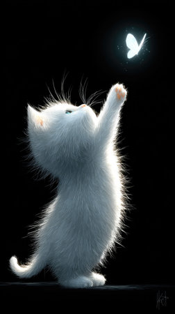 A small, fluffy white kitten reaches towards a glowing butterfly. The scene is illuminated by the light surrounding the butterfly against a dark backdrop. The image displays a shallow depth of field with a soft focus. This visual is well-suited for various commercial applications, and artistic projects.の素材