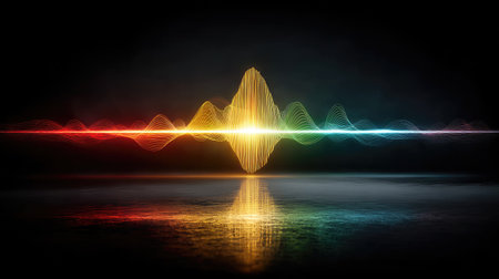 An abstract illustration presents a central waveform in yellow, surrounded by bands of red, green, and blue light. The design features a reflective surface, enhancing the symmetrical composition. The image employs a dark backdrop and can be utilized for various design projects or visual representations of sound or data.の素材