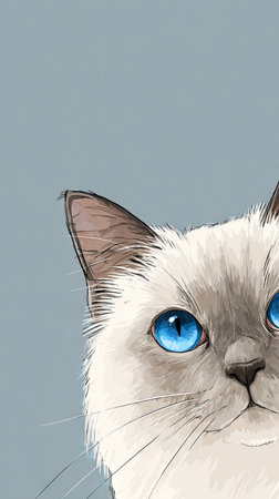 An artistic illustration presents a cat with striking blue eyes. The image showcases the cat's face with white and grey fur against a uniform pastel backdrop. This image uses soft lighting and a simple composition, suitable for various design projects and visual communication needs.の素材