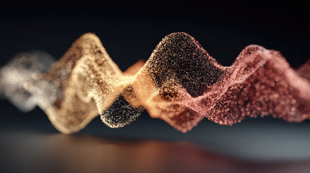 An abstract depiction showcases a dynamic wave composed of numerous particles. The particles blend warm oranges and cool grays, creating a gradient effect. The image uses a low-key lighting setup with soft focus, implying a digitally rendered artwork suitable for various creative projects.の素材