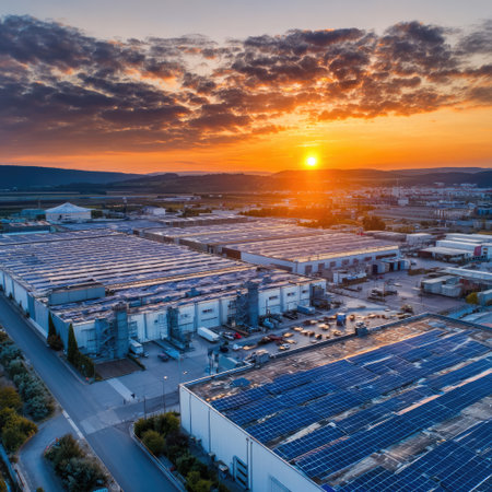 An aerial view showcases multiple industrial buildings featuring solar panels, bathed in the warm hues of a sunset. The scene captures the geometric architecture against a sky with dynamic clouds and atmospheric lighting. This image could be used for visual content related to industry, energy, or environmental themes.の素材