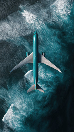 An airplane soars above a foamy ocean in an overhead shot. The aircraft has a blue fuselage and silver wings. The ocean appears turquoise with white waves, lit by natural light. The image can be used in commercial and editorial contexts.の素材