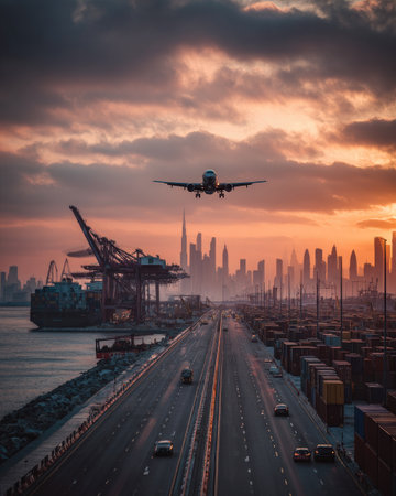 An airplane soars above a coastal city with cargo ships and shipping containers, silhouetted against a sunset sky. The image highlights transportation elements, features warm colors, and conveys an atmosphere of trade. This dynamic view could be suited for various commercial and editorial uses related to logistics and global business.の素材