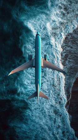 An airplane, viewed from above, is captured mid-flight above churning ocean waves. The aircraft appears streamlined with its wings extended. The image is bathed in natural daylight, exhibiting blue and white tones. This aerial perspective suggests themes of travel and transportation, ideal for commercial and editorial applications.の素材