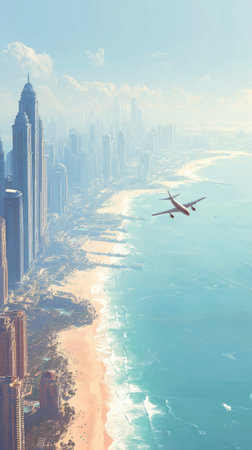 An airplane soars above a coastal city, presenting a view of skyscrapers, a sandy beach, and the ocean. The scene is characterized by soft lighting, a slightly faded color palette, and a wide-angle perspective. This image could be used for travel, tourism, or urban development projects.の素材