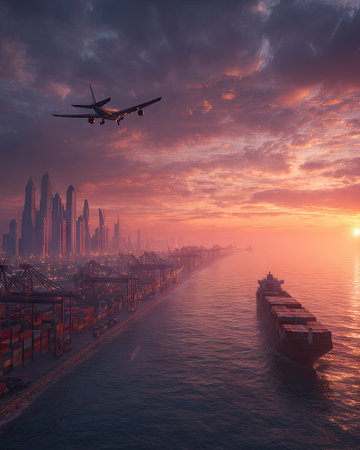 An airplane soars above a harbor and city at sunset. The composition reveals a dramatic sky with vibrant colors, reflecting over the water. A container ship navigates alongside a line of structures. Suitable for visual storytelling or commercial content.の素材