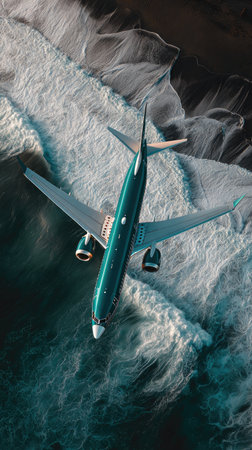An airplane soars above the ocean, captured from an aerial perspective. The image highlights the airplane's form against the textured white waves. The composition, with its overhead lighting and contrast, may be suitable for commercial projects, highlighting travel and transport concepts.の素材