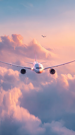 An airplane soars amidst fluffy, pastel-colored clouds in a vibrant sky. The image displays a dynamic composition with the aircraft centered, showcasing wings and engines. Soft lighting and rich colors evoke a sense of calm, perfect for travel, transportation, or commercial imagery.の素材