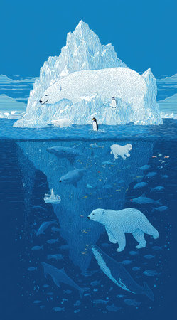 An illustration showcases an iceberg with polar bears and penguins above and below the water. The artwork uses a stylized design featuring shades of blue and white. This image may be suitable for commercial and editorial purposes, representing nature and wildlife, and environmental themes.の素材
