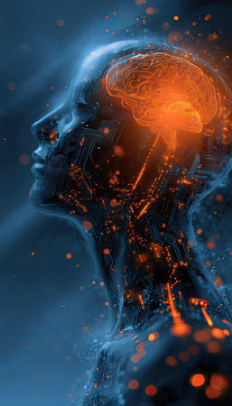 An artistic representation features a human profile with a brightly illuminated brain. The composition uses cool blues and dynamic orange highlights. The artwork employs digital techniques to create a mystical, otherworldly ambiance. Suitable for creative projects, conceptual visualizations, and science-related content.の素材