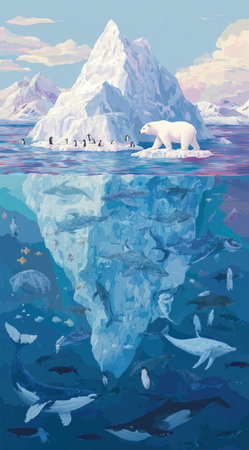 This artwork depicts an iceberg with a polar bear, penguins, and a variety of marine creatures. The scene is rendered in a bright, artistic style with a focus on blues and whites. The composition suggests an underwater perspective, possibly suitable for educational materials or illustrations about the environment and wildlife.の素材