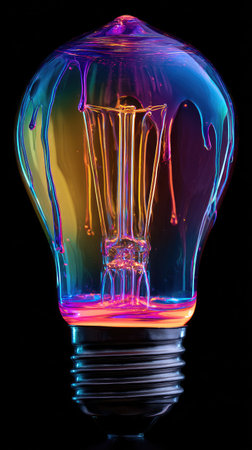 A light bulb is the central subject, visually striking with vibrant, dripping paint in various colors. The composition uses a dark background, highlighting the glowing hues and textures of the paint. This creative image could be employed for advertising campaigns, design projects, and editorial content.の素材