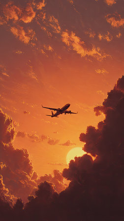 An airplane flies through a vibrant sunset sky, silhouetted against a backdrop of orange and red clouds. The image displays soft textures and a dramatic composition, with light highlighting the cloud formations. This photograph could be used for various commercial purposes, including travel-related content and artistic projects.の素材