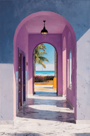 An interior perspective of an arched hallway reveals a scenic view of the ocean through a portal. Pastel hues of pink and blue define the architecture. The composition showcases light and shadow interplay, with a decorative hanging lamp. The scene might suit various commercial applications.の素材