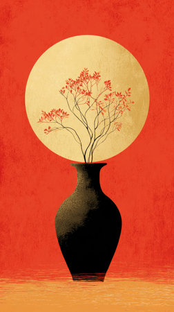 An illustration presents a black vase holding a tree with red accents, set against a large golden sphere. The background uses vibrant red tones. This stylized composition features a simple, graphic style. The image could be used for design projects, wall art, or to add visual interest to various commercial applications.の素材