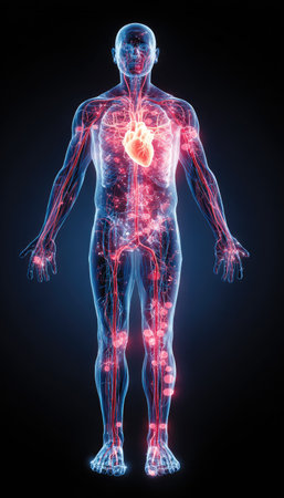 A digital illustration depicts a human body with a highlighted circulatory system. The image showcases a transparent male figure, revealing the heart and blood vessels in vivid red and blue hues. The composition features a dark background, creating a contrasting effect. Suitable for medical publications and educational resources.の素材