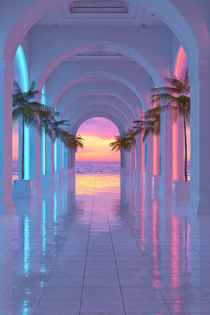 An arcade with repeating archways frames a distant ocean sunset in a pastel color palette. Palm trees add to the scene, with neon lighting. The smooth surface reflects light. This image is suitable for commercial uses, including promotional materials.の素材