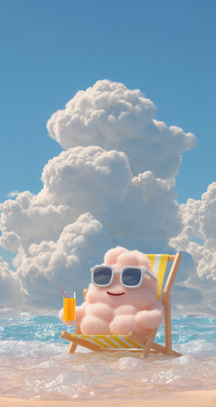 A cartoon cloud character enjoys a drink while reclining in a beach chair. The scene presents a bright, sunny day with a clear blue sky and puffy white clouds. The character is rendered in a vibrant style with a joyful expression. This image is suitable for various creative and commercial projects.の素材