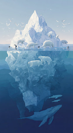 An artistic illustration showcases an iceberg with polar bears, penguins, and a whale. The artwork features a bright, clean style with soft blues and whites, depicting both above and below the waterline. It suggests a cold, remote setting and may be suitable for educational or environmental content.の素材