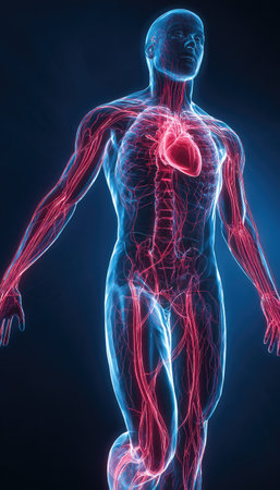 This image presents a detailed anatomical depiction of a human body, with the circulatory system highlighted in red against a blue toned figure. The style appears to be a digital illustration, with a focus on clarity and visual impact. The composition emphasizes the heart and vascular network, suitable for educational, scientific, or medical contexts.の素材