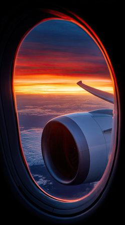 An airplane window frames a vivid sunset, showcasing a fiery orange and red sky above the clouds. The scene includes an engine turbine and the plane's wing. The lighting suggests twilight. This image could be used for travel, aviation, or background designs.の素材
