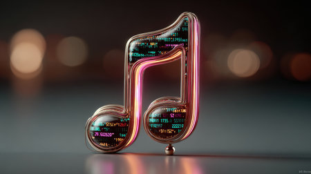 A detailed artistic image showcases a luminous musical note rendered in a metallic finish, reflecting neon hues. The note is transparent, revealing complex digital code within its structure. The background is softly blurred, offering a dark, neutral backdrop. Suitable for illustrating concepts around technology, music, and digital art.の素材