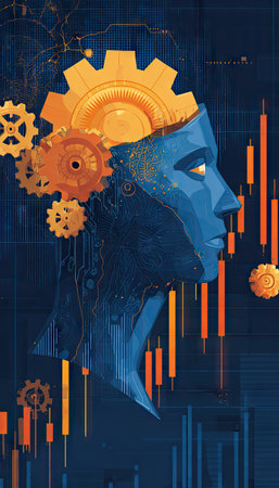 This digital illustration depicts a stylized human profile with gears integrated into the head. The artwork features a cool blue palette for the face, complemented by warm orange and yellow accents. It incorporates elements of data visualization and a mechanical aesthetic, suitable for various conceptual applications.の素材
