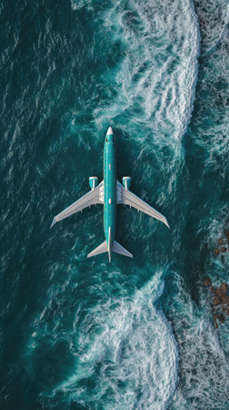An aerial view showcases a passenger aircraft against a backdrop of the ocean. The image features a turquoise-colored plane amidst the white foam of the waves. It employs a top-down composition, highlighting the contrast between the plane and the water. Suitable for travel or transportation concepts.の素材