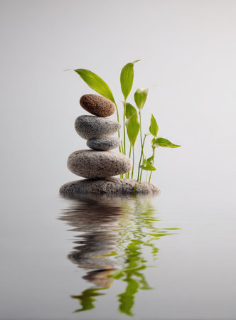 A stack of smooth stones is balanced, with green bamboo shoots emerging, reflecting in the calm water. The composition features a neutral white background. The style shows a minimalist aesthetic. Suitable for wellness concepts, meditation illustrations, or similar commercial applications.の素材
