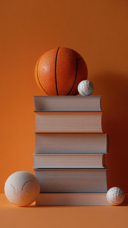 A basketball and small white balls sit atop a stack of books against an orange background. The image features a minimalist composition with soft lighting emphasizing the subjects. The objects' textures are clearly visible, creating a clean, modern aesthetic suitable for various commercial and editorial applications.の素材