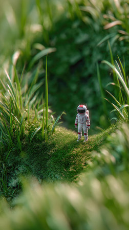 An astronaut figure stands amidst dense, verdant vegetation. The image showcases a vibrant array of green hues and textures. The composition utilizes selective focus to emphasize the astronaut's presence within this unusual setting. This image could serve commercial and editorial purposes related to space exploration or environmental concepts.の素材