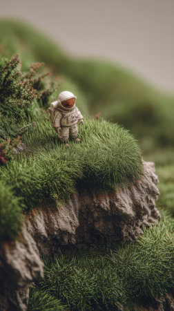 A miniature astronaut figure rests upon a terrain of lush green vegetation and rocky formations. The image features a shallow depth of field, with soft lighting illuminating the detailed textures. This composition offers a creative visual concept suitable for various editorial and commercial applications.の素材