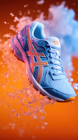 A light blue athletic shoe is featured against an orange backdrop, enhanced by water splash effects and light blue vapor. The shoe showcases vibrant orange and blue accents. This dynamic composition could be used for advertising or promotional materials.の素材