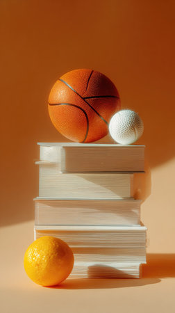 An orange basketball and a white golf ball rest atop a stack of books, with an orange fruit in front. The composition features warm orange and white colors. The objects are arranged, implying a deliberate setup with side lighting casting shadows. Suitable for various commercial uses, including education and marketing.の素材
