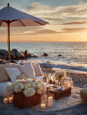 A romantic picnic setup is displayed on a sandy beach, featuring a cozy seating arrangement, floral arrangements, and candles. The composition is bathed in warm sunlight from the sunset, creating a tranquil and inviting atmosphere. This scene is suitable for various commercial and editorial applications.の素材