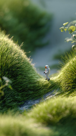 An astronaut figure traverses a grassy landscape bathed in sunlight. The vibrant green hues of the vegetation contrast with the figure's white spacesuit. Soft textures and shallow depth of field enhance the miniature scale. This conceptual artwork could be used for various commercial projects, including advertising and editorial content.の素材
