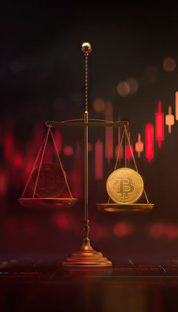 An antique balance scale holds a gold Bitcoin coin in this conceptual image. The composition features warm lighting and a shallow depth of field. The background shows abstract market charts, enhancing the financial theme. Ideal for articles, presentations, or commercial projects focusing on cryptocurrency and investment.の素材